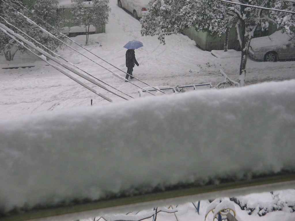 阳台晾衣杆上的积雪